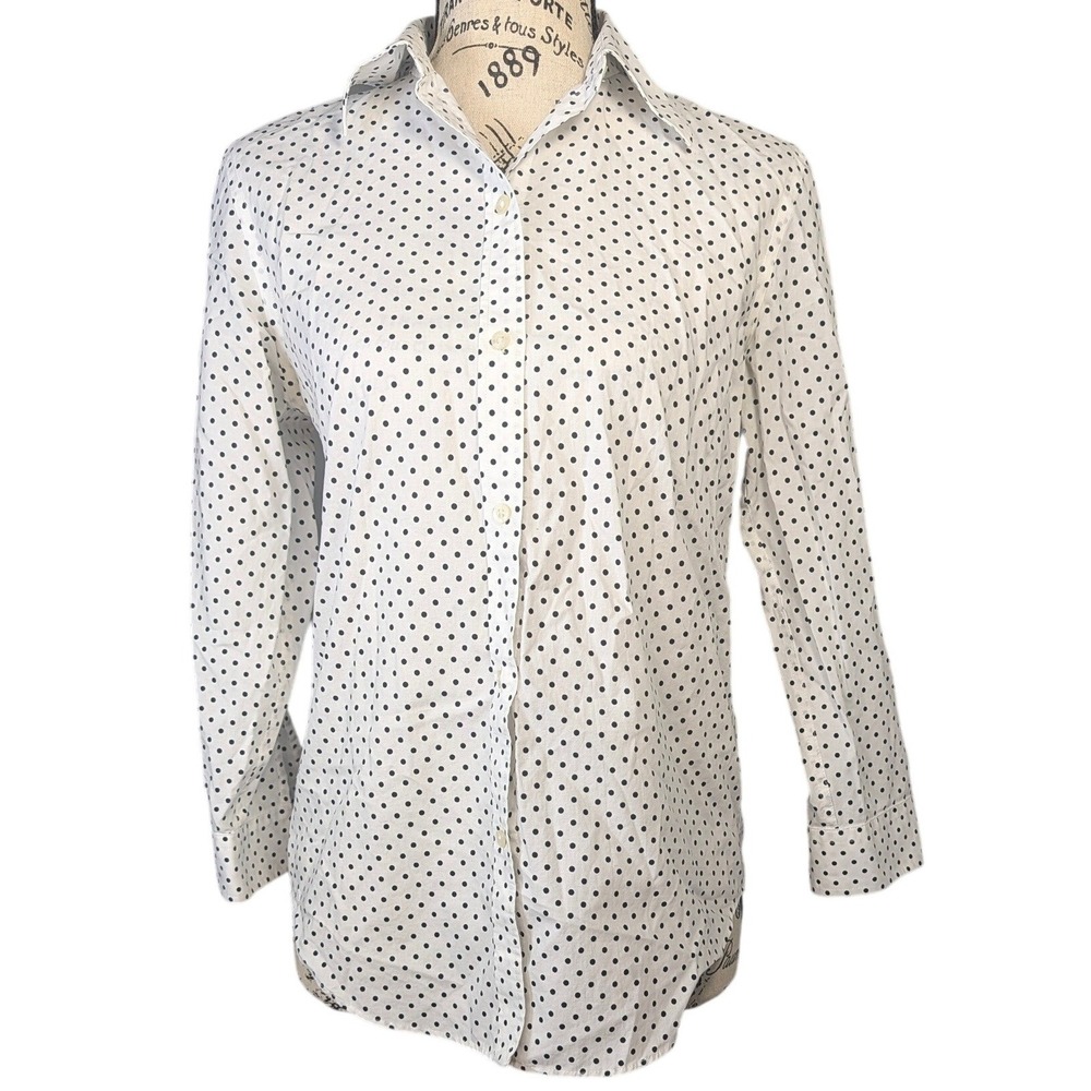Lauren Ralph Lauren XS White / Black Polka Dot Cotton Button Down 3/4 Sleeves
